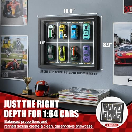 JupDec Magnetic 1:64 Diecast Display Frame, Clear Acrylic Model Car Shadow Box with Parking Layout Mat for Matchbox Hot Wheel, Dustproof Wall Mount or Tabletop Display Box, Ideal Gift for Collectors - size: 1 Pack