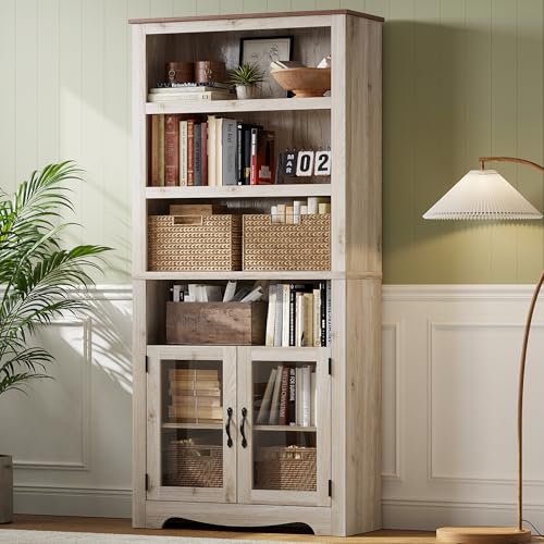LINSY Bookshelf with Doors, 6 Shelf Bookcase Tall Bookshelves, 73" Farmhouse Book Shelf with Storage Cabinet, Wood Book Shelves for Living Room, Bedroom, Office, Rustic White - color: White