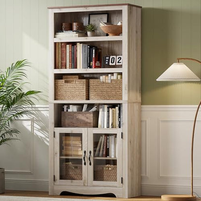 LINSY Bookshelf with Doors, 6 Shelf Bookcase Tall Bookshelves, 73" Farmhouse Book Shelf with Storage Cabinet, Wood Book Shelves for Living Room, Bedroom, Office, Rustic White - color: White