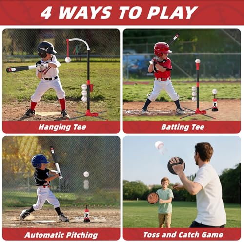 Wee Wonders 4 in 1 T-Ball Sets for Kids 3-5 with Toss and Catch Ball, Toddler Baseball with Auto Pitching Machine/6 Balls, Outdoor Sport Toys Gifts for Boys Girls