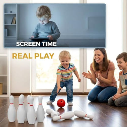 12 Pcs Bowling Set for Preschoolers, with 10 Mini Plastic Pins 6.3 in Tall, 2 Balls 2.8 in Diameter, Reusable for Indoor Outdoor Party Games, Family Fun, Enhances Coordination