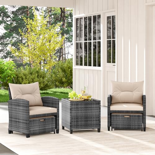 Tangkula 5 Pieces Patio Conversation Set, PE Wicker Rattan Outdoor Furniture Set with 2 Chairs, 2 Ottomans & Tempered Glass Coffee Table, Ideal for Poolside, Backyard, Lawn, Deck, Mix Grey & Beige - color: Mix Grey & Beige