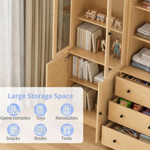 TUSY 71" H Bookshelf with Storage, 6-Tier Modern Bookshelves with 3 Large Drawer, Display Bookcase with Glass Doors, Modern 5-Tier Curio Cabinet for Home Office, Dining Room (Wood, AB) - color: Wood
