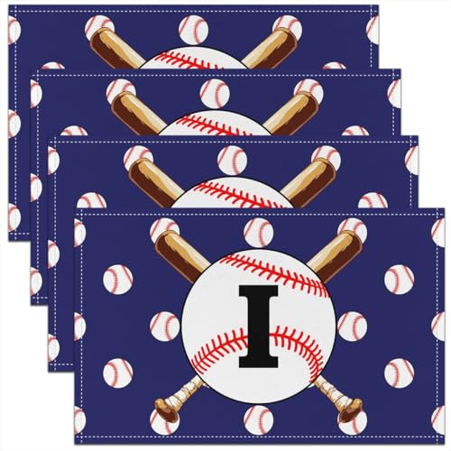 Baseball Placemats Initial Letter I Table Mats for Boys Teens Adults Cartoon Ball Baseball Bat Kitchen Mats for Dining Table 12x18 Inch Set of 4 - color: Blue I