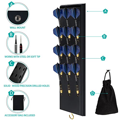 FDLS Darts Holder Wall Mounted Displays 12 or 15 Steel/Soft Tip Darts, Darts Caddy for wall with Metal Hook, Accessory Storage Bag - style: Black Hold 12 Darts