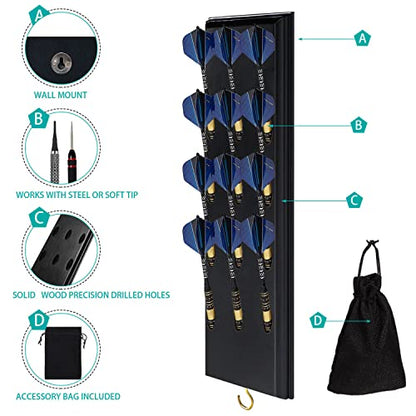 FDLS Darts Holder Wall Mounted Displays 12 or 15 Steel/Soft Tip Darts, Darts Caddy for wall with Metal Hook, Accessory Storage Bag - style: Black Hold 12 Darts