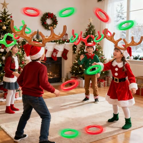 TOPLEE 20 Pieces Inflatable Reindeer Antlers Toss Game, Christmas Party Antler Hat Games for Kids Adults Family Indoor Outdoor Carnival Xmas Games(4 Antlers 16 Rings)