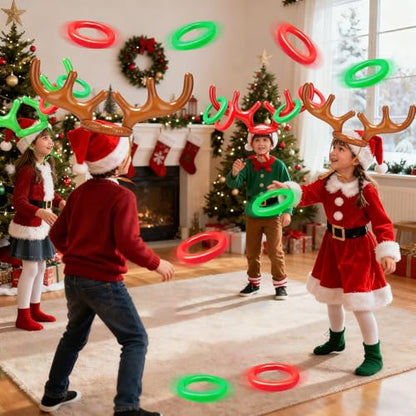 TOPLEE 20 Pieces Inflatable Reindeer Antlers Toss Game, Christmas Party Antler Hat Games for Kids Adults Family Indoor Outdoor Carnival Xmas Games(4 Antlers 16 Rings)