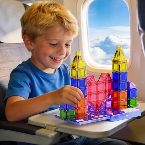 Mini Magnetic Tiles Travel Kit for Kids Ages 3-8, 60pcs Portable Magnetic Building Blocks with Visual Storage Guide & Metal Play Base, STEM Sensory Toys for Preschool Learning - style: Mini Magnetic Tiles Travel Construction Set - 60PCS