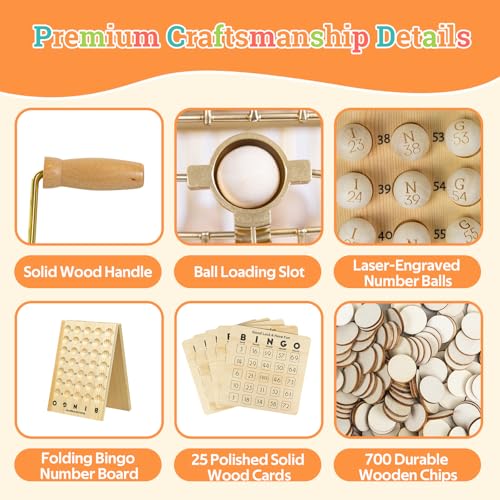 Deluxe Wooden Bingo Game Set with Large Metal Bingo Cage, 25 Reusable Bingo Cards, 75 Wooden Bingo Balls & Number Board, 700 Chips – Bingo Game for Adults, Family Game Night & Large Groups
