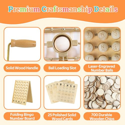 Deluxe Wooden Bingo Game Set with Large Metal Bingo Cage, 25 Reusable Bingo Cards, 75 Wooden Bingo Balls & Number Board, 700 Chips – Bingo Game for Adults, Family Game Night & Large Groups