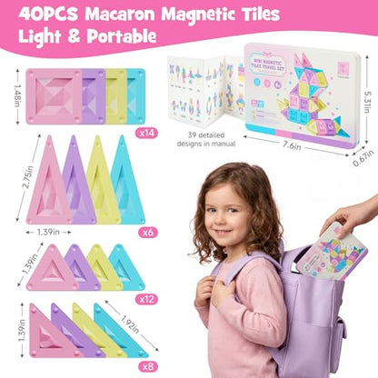 burgkidz Travel Magnetic Tiles for Girls : 40 PCS Macaron Mini Magnet Blocks with Pink Tin Box - 120 Mins Quiet Play for Airplane Car Essentials, Present for Girls Ages 3-8 Year Old