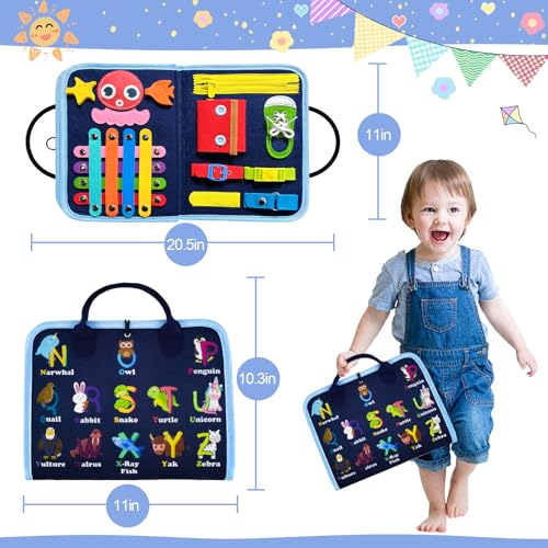 Gojmzo Busy Board Montessori Toys for Toddler Boys & Girls Gifts, Sensory Toys for Toddlers, Educational Travel Preschool Activities Learning Alphabet Count Fine Motor Skills - style: Blue/P4