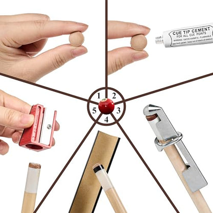 Barrington Billiards 38-Piece Pool Cue Tip Repair Kit with 13 mm Cue Tips, Ferrules, Aluminum Clamps, Tip Shapers, Glue, Chalk, and Cleaner for DIY Cue Tip Replacement and Repair