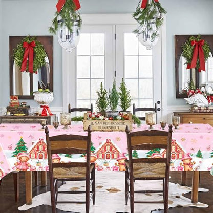 Gingerbread Christmas Tablecloths 3 Pack,Pink Disposable Plastic Christmas Table Covers 54 x 108 Inch with Gingerbread Man,House,Candy Snowflake Holiday Party Decorations - color: Christmas Pink Gingerbread