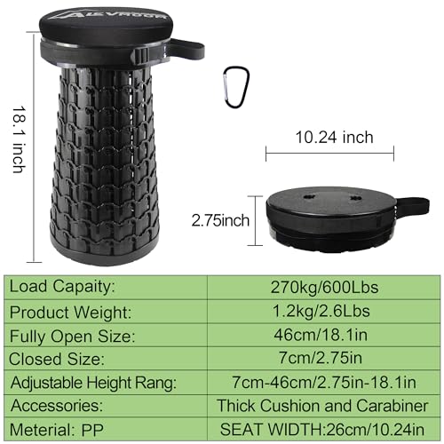 ALEVMOOM Telescoping Stool with Thick Cushion, H18.1“ D10.24” Collapsible Retractable More Sturdy Capacity 600Ib, Portable Camping Adjustable Folding Stool for Garden Fishing Hiking Mountain BBQ - color: Black
