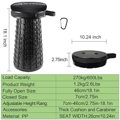 ALEVMOOM Telescoping Stool with Thick Cushion, H18.1“ D10.24” Collapsible Retractable More Sturdy Capacity 600Ib, Portable Camping Adjustable Folding Stool for Garden Fishing Hiking Mountain BBQ - color: Black