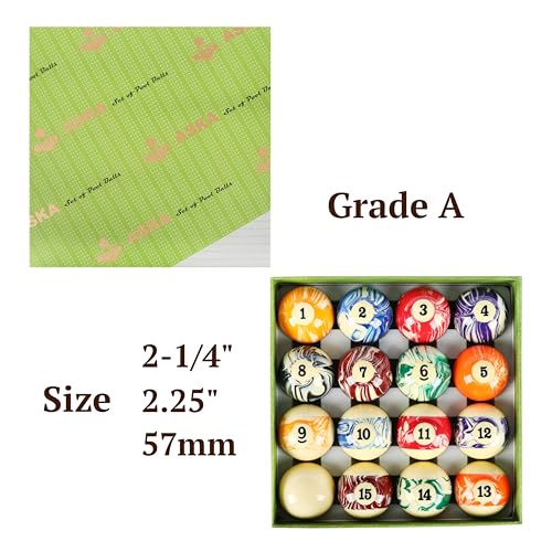 ASKA Billiards Pool Boston Numbered Balls Set, 16 Balls Including a Cue Ball - style: PB02, Marble/Swirl Style, 2 1/4"