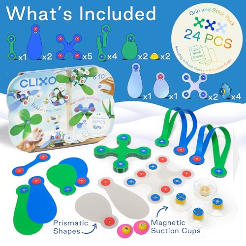 Clixo Window Travel Pack - Fun Magnetic Toy for Kids - 24-Piece Suncatcher Kit with Prisms & Suction Cups for Plane and Car Windows – Portable Rainbow Maker STEM Toy for Creative On the Go Car Playset