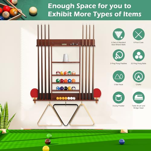 Pool Cue Rack 8 Pool Stick Holder Wall Mount 2-in-1 Pool Stick & Ping Pong Paddle Holder Billiard Cue Rack Solid Wood Billiard Table Accessories for Billiard Room, Game Room (Classic Burgundy)