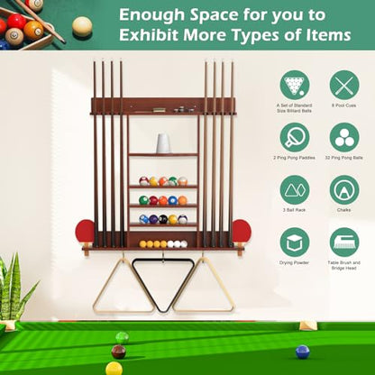 Pool Cue Rack 8 Pool Stick Holder Wall Mount 2-in-1 Pool Stick & Ping Pong Paddle Holder Billiard Cue Rack Solid Wood Billiard Table Accessories for Billiard Room, Game Room (Classic Burgundy)