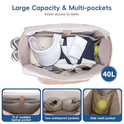 KAVIGOR Tennis Tote Bag with Shoe Compartment - Extra-Large Quilted Pickleball Bag Holds 2-4 Rackets, Water-Resistant & Lightweight for Men & Women - color: Khaki