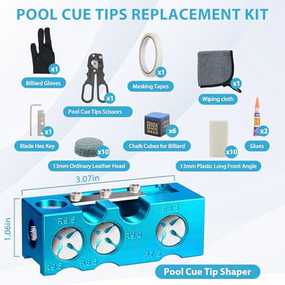 11-in-1 Billiards Pool Cue Tip Shaper, Pool Cue Tips Replacement Kit, Pool Cue Tips,Pool Cue Tip Tool for Replacement and Shaping Cue Tips - color: Blue