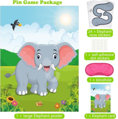 PLULON Pin The Nose on The Elephant Party Game with Elephant Nose Stickers for Kids Birthday Party Supplies, Animal Party Carnival Party Supplies - style: Elephant