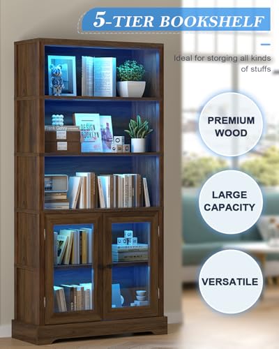 TVU 5-Tier Bookshelf, 65" Bookshelf with Multi-Color Ambient Lights (APP Remote Control), Tall Display Shelf with Cabinet Doors, Suitable for Living Room, Bedroom, Study, Office, Rustic Brown - color: Rustic Brown