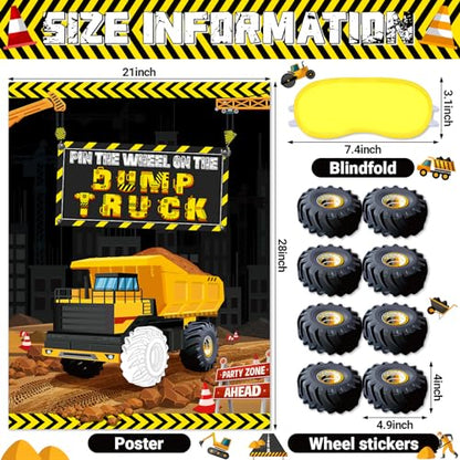 Faccito Construction Party Game Construction Birthday Party Supplies Pin The Wheel on The Dump Truck Game Construct Theme Poster with 24 Pcs Stickers for Decoration Supplies - style: Construction
