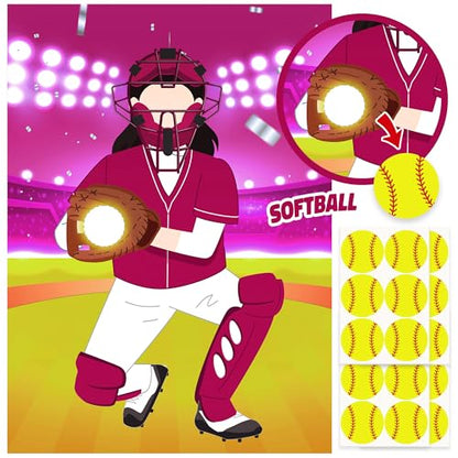 Pin The Softball on The Glove Game Poster with 24 Stickers Blindfolds Pink Softball Themed Party Decorations Supplies Fun Entertainment Classroom Activities for Sports Lovers Fans Kids Girls Birthday