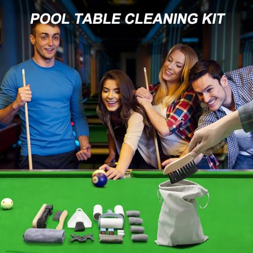 CONLI 19 Pcs Pool Table Cleaning Kit- Complete Billiard Accessories Set with Pool Table Brush for Felt, Rail Brush, Cue Shine Polisher, Chalk, Tip, Duster, Broom Storage Bag for Professional Home Care