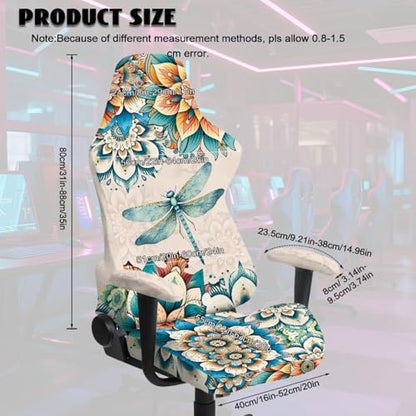 Dragonfly Print Gaming Chair Covers Slipcovers 4Pcs with Armrest Cover Boho Mandala Flower Print Gamer Desk Chair Covers Easy to Install Home Decorations - color: Brown - Dragonfly Boho Mandala Flower