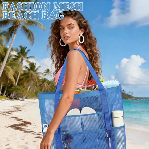 GYEUKHAM Mesh Beach Bag for Women, Sand-Resistant Pool Tote, 9 Pockets (1 Inner Zip), Foldable Family Travel Essentials - color: L-blue