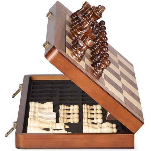 ELONGDI 15" Wooden Chess Set with Magnetic Pieces - Extra Queens - Folding Chessboard Portable Travel Tournament Chess Board Games for Adults Kids - size: 15 Inches