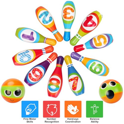 AugToy Kids Bowling Toy Set, Toddler Indoor Outdoor Activity Play Game Toys for Boy Girl, Soft 10 Foam Bowling Pins & 2 Balls, Educational Children Birthday Party Gifts
