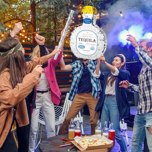 WERNNSAI Tequila Bottle Piñata - Disco Party Decorations for Adults Silver Patron Tequila Piñata with Blindfold for Bachelor Birthday Party Supplies 11.7” x 16.5” - style: Tequila