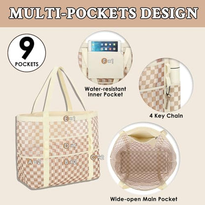 GYEUKHAM Mesh Beach Bag for Women, Sand-Resistant Pool Tote, 9 Pockets (1 Inner Zip), Foldable Family Travel Essentials - color: L-checkered Khaki