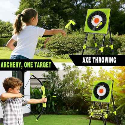 4-in-1 Axe Throwing Game for Backyard, Axe Throw & Lawn Dart Target Sets, Yard Games for Team Battles with 3 Axes, 3 Stars, 6 Darts & 5 Arrows Indoor/Outdoor Games Competition-Ready Set