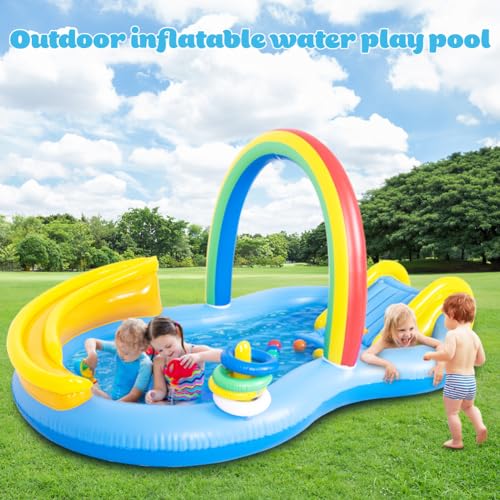 Inflatable Swimming Pool with Water Slide, Inflatable Play Center with Spray Water, Toss Ring, Ball for Outdoor Backyard Garden Water Park - size: 86.5"