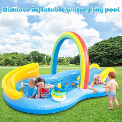 Inflatable Swimming Pool with Water Slide, Inflatable Play Center with Spray Water, Toss Ring, Ball for Outdoor Backyard Garden Water Park - size: 86.5"