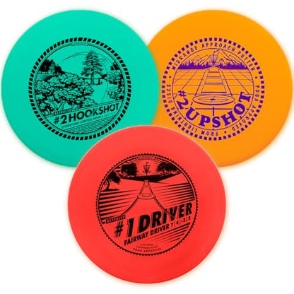 Lightning Disc Golf 3-Disc Set – #2 Upshot (2 | 4 | 0 | 1), #2 Hookshot (6 | 5 | -1 | 2), #1 Driver (7 | 4 | -2 | 2) – Sure Grip Plastic for Beginners - Contains Putter Midrange & Driver