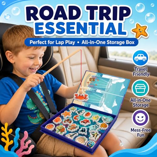 TRAVOFUN Magnetic Fishing Game Book for Kids Ages 3-8, Travel Toys for Toddlers 3-5, Road Trip and Airplane Activities, Quiet Portable Car Ride Toy with 2 Poles and 27 Ocean Fish - color: Fishing Game