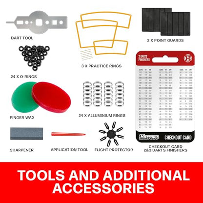 Harrows 210pc Darts Accessories Set - Amazing Bundle Includes Dart Stems, Dart Flights, Dart Rings, Dart Sharpener, Dart Tool, Flight Protector, Finger Wax, Practice Rings & Free Checkout Card