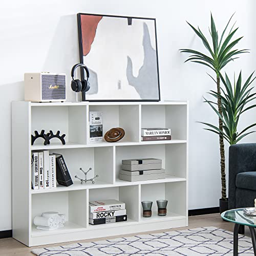 GOFLAME 8 Cube Storage Shelf Organizer, 3-Tier Wooden Open Bookshelf, Cabinet Table, Freestanding Book Storage Shelves with Compartments for Living Room (White) - color: White