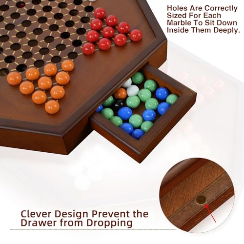 Chinese Checkers 15" x 13" Large Wooden Checkers Board Game Includes 16mm 60+12 Colorful Glass Marbles,Classic Strategy Family Board Game for Adult,Walnut