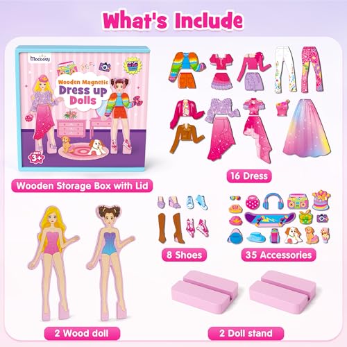 Mocoosy Wooden Magnetic Dress Up Dolls for Kids, Pretend Play Magnet Toys with Storage Case, Travel Game Airplane Car Road Trip Toy On The Go Activity Set Birthday Gift for Girls 3 4 5 6 7 8 Year Old