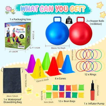JOY SPOT! Carnival Outdoor Games Combo Set for Kids, 18 Inch Hopper Balls with Handles, Ring Toss, Bean Bags, Egg Spoon Relay Race, Fun for Backyard, Field Day, School, Birthday Parties, Family Events - style: Standard