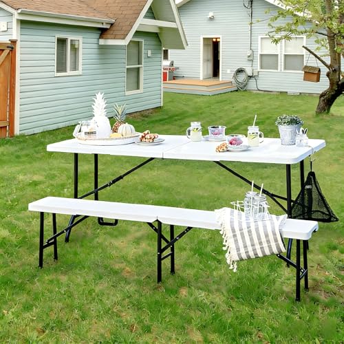 VECELO 6 ft Picini Table with Thickened Top | Removable Mesh Bag | Strong Side Support, 500lbs Weight Capacity Folding Table, Indoor & Outdoor, with Carrying Handle,White - color: White