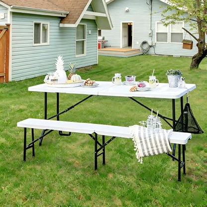 VECELO 6 ft Picini Table with Thickened Top | Removable Mesh Bag | Strong Side Support, 500lbs Weight Capacity Folding Table, Indoor & Outdoor, with Carrying Handle,White - color: White